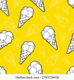 Stock vector graphics. Ice cream cone seamless pattern. Ice cream line and sticker illustration on yellow background. Perfect funny  pattern useful for textiles, notebook covers, wrapping paper.