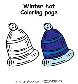 Stock vector graphics isolated on white background. New Year and Christmas theme. Festive knitted hat with patterns. Freehand coloring pages for children and adults. Illustration with small details.