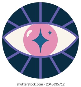 Stock vector graphics round icon illustration. Themes of mystery, mysticism and Halloween. Illustrations for labels and logos. Isolated over white background. An image of a comic style purple eye.