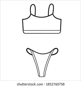 Gráficos vectores de material. Conjunto de mujeres lineales planas a lo largo de bragas con sujetador deportivo, ilustración de lencería dibujada a mano linda aislada en fondo blanco.