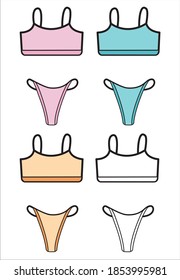 Gráficos vectoriales de material. Conjunto de mujeres multicolores a lo largo de bragas con sujetador superior deportivo, linda ilustración de lencería plana dibujada a mano aislada en fondo blanco.