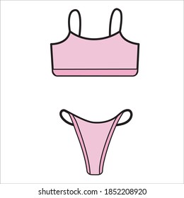 Gráficos vectores de material. Conjunto de mujeres de color rosa a lo largo de bragas con sujetador deportivo, adorable ilustración de lencería plana dibujada a mano aislada en fondo blanco.