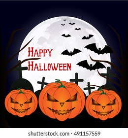 Stock Vector Halloween night. Three glowing pumpkins under a huge moon with silhouetted bats. Happy Halloween. Gloomy card for Halloween with a withered tree, graveyard and crosses. Jack's lamp