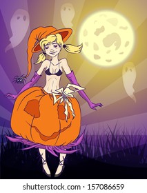 Stock vector halloween party template with pumpkin witch glowing moon and scary ghosts in the creepy night