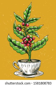 stock vector of hand draw a cup and coffee tree object illustration