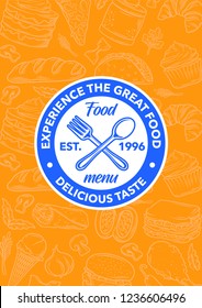 stock vector of hand drawing restaurant, cafe, food court menu with spoon, fork, and tagline template design object illustration in orange background