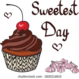 stock vector hand drawn cartoon cherry chocolate cupcake and meringue illustration, can be used for greeting cards, party invitations, stickers