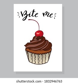 stock vector hand drawn cartoon cherry chocolate cupcake illustration, can be used for greeting cards, party invitations, stickers