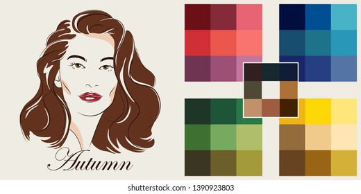 Stock vector hand drawn girl. Seasonal color analysis palette for autumn type. 