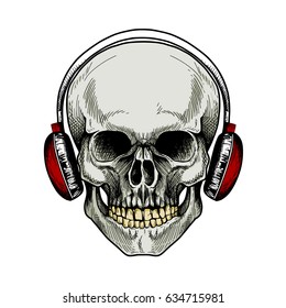 stock vector hand drawn human skull with red headphones sketchy vintage style vector illustration