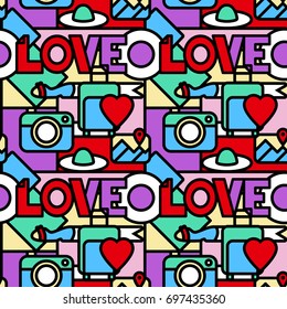 Stock vector hand drawn seamless pattern with suitcase, camera, hat, shoes, heart, love, map. Pattern ideal for wrapping paper, wallpaper, textiles or Case cover. eps 8