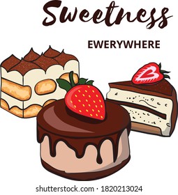 stock vector hand drawn sweetness greeting card strawberry and chocolate cake and tiramisu cartoon style illustration. For your design, announcements, posters, restaurant menu.