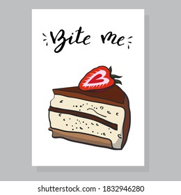 stock vector hand drawn sweetness greeting card strawberry and chocolate cake cartoon style illustration. For your design, announcements, posters, restaurant menu.
