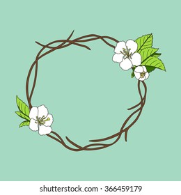 Stock vector hand drawn wreath with cherry blossom on branches round frame