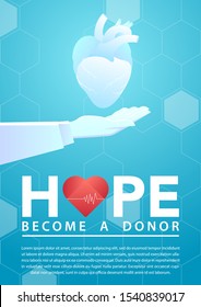 stock vector of hand holding human heart. describe donate internal human organs, transplantation, volunteering, and health care concept. vector illustration background.