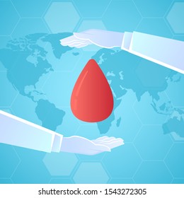 stock vector of hands holding each other with blood shape. describe donation, blood donations, volunteering, and health care concept. vector illustration background.