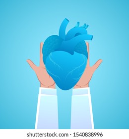 stock vector of hands holding human heart. describe donate internal human organs, transplantation, volunteering, and health care concept. vector illustration background.