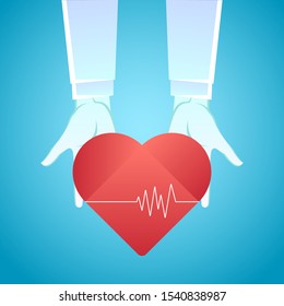 stock vector of hands holding red heart. describe donate internal human organs, transplantation, volunteering, and health care concept. vector illustration background.