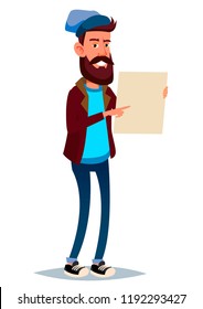 Stock vector handsome bearded hipster character holding a blank sheet and pointing by index finger to it template isolated illustration. Man with a beard holding a blank sheet