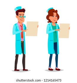 Stock vector handsome cartoon characters male doctor and female doctor holding a blank sheet