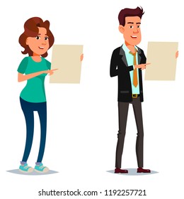 Stock vector handsome characters holding a blank sheet and pointing by index finger to it template isolated illustration. Man and woman holding a blank sheet