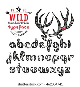 Stock vector handwritten font lowercase with speckled texture. Graphic design for t-shirt. Print on white background