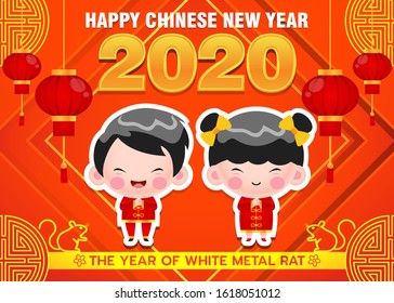 Stock Vector Happy Chinese New Year 2020 With Cute Boy And Girl Characters Red Cheongsam Dress Cartoon