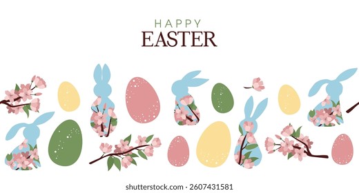 Stock vector happy easter banner. trendy easter design with border made of eggs bunnies and spring flowers.