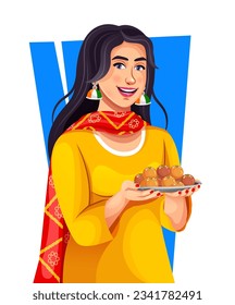 Stock vector of happy Indian young girl holding Indian sweets on the occasion of Independence Day. Celebrating Indian patriotic festivals with Indian sweets in hand.