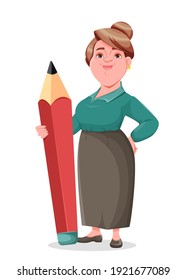 Profesora de mujer de mediana edad portadora de acciones feliz sonriendo. Caricatura de una maestra sonriente sosteniendo un lápiz rojo grande.