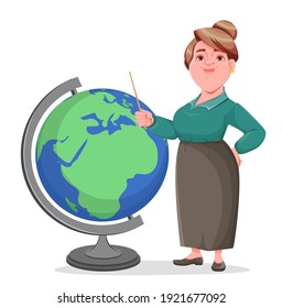 Stock vector happy smiling middle aged woman teacher. Smiling lady teacher cartoon character standing near big globe.