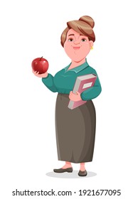 Stock vector happy smiling middle aged woman teacher. Smiling lady teacher cartoon character holding book and apple.