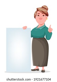 Stock vector happy smiling middle aged woman teacher. Smiling lady teacher cartoon character standing near blank placard.