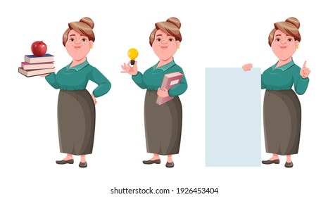 Stock vector happy smiling middle aged woman teacher, set of three poses. Smiling lady teacher cartoon character with books, having a good idea and standing near blank placard