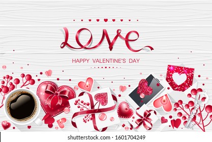 Stock vector holiday illustration Valentine's day love 3d cup of coffee heart lettering ribbon decoration wooden pattern top view brochure flyer for advertising sale party gritting gift