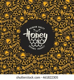 Stock vector honey frame and label. Color print on black background