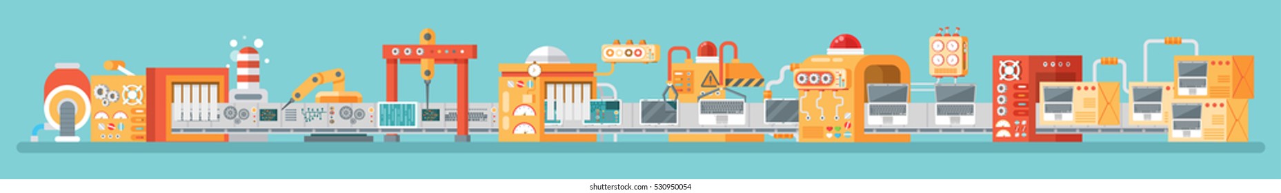 Stock vector horizontal illustration of conveyor assembly and packaging, production of personal laptops in flat style on blue background for banners, websites, printed materials, info graphics