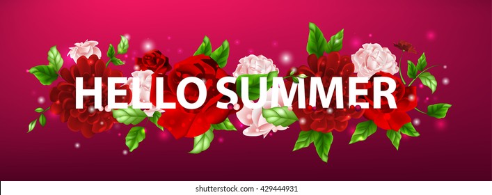 Stock vector horizontal illustration of flowers with lettering Hello summer bouquet of red and pink roses on dark background