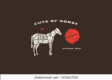 Stock vector horse cuts diagram in flat style. Design with rough texture. Color print on black background