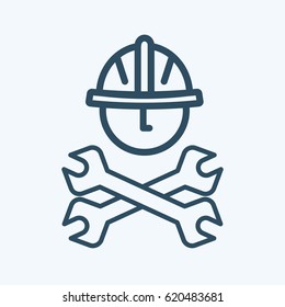 Stock Vector icon of Labor Day concept Celebration Poster Design Template with Plumber's helmet and adjustable wrench crossed with pipe wrench lineart