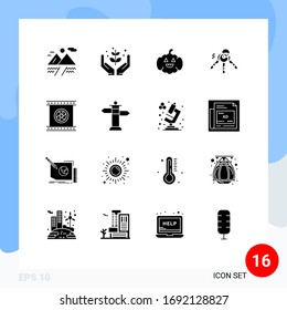 Stock-Vektorillustration-Icon-Pack mit 16 Line-Zeichen und -Symbolen für fotografische Zwecke; optische Linse; Pumpen, Kameraobjektive; Vektorillustration-Design-Elemente mit Tastenkombination