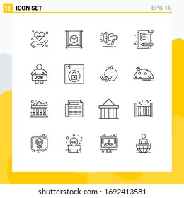 Stock Vector Icon Pack of 16 Line Signs and Symbols for office; jobless; speaker; study; lecture Editable Vector Design Elements