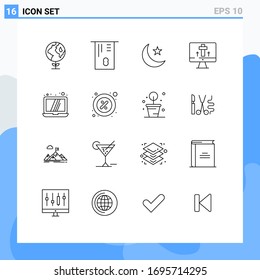 Paquete de iconos vectoriales de 16 señales de línea y símbolos para el descuento; portátil; estrella; ordenador; Elementos de diseño de vectores editables de Semana Santa