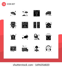Stock-Vektorillustration-Icon-Pack mit 16 Zeilenmarken und -symbolen für Bretter; Fahrzeug; Fanggerät; Waren; Design-Elemente für LKW-Bearbeitbare Vektorillustrationen