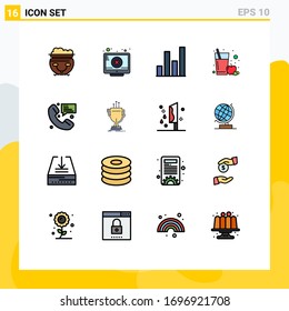 Paquete de iconos vectoriales de 16 señales de línea y símbolos para la comunicación; contacto; análisis; llamada; zumo de fruta Elementos editables de diseño de vectores creativos