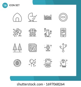 Stock Vector Icon Pack of 16 Line Signs and Symbols for music; remove; pram; minus; down Editable Vector Design Elements