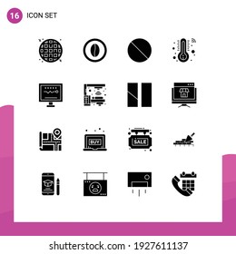 Stock-Vektorsymbol-Paket mit 16 Zeichen und Symbolen für Herzschlag; Kardiologie; Annullierung; Kardiogramm; Bearbeitbare Vectordesign-Elemente für Temperatur