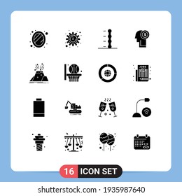 Stock-Vektorsymbol-Paket mit 16 zeilenspezifischen Zeichen und Symbolen für Warnmeldungen; Eruption; Auto; Katastrophe; Geld bearbeitete Vektordesign-Elemente