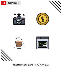 Stock Vector Icon Pack of 4 Line Signs and Symbols for camera; tea; internet of things; coin; coffee Editable Vector Design Elements