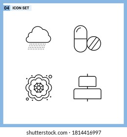Stock-Vektorsymbol-Paket mit 4 Zeichen und Symbolen für den Himmelsregen; Blume; Feder; Pillen; Editierbare Vektordesign-Elemente ausrichten
